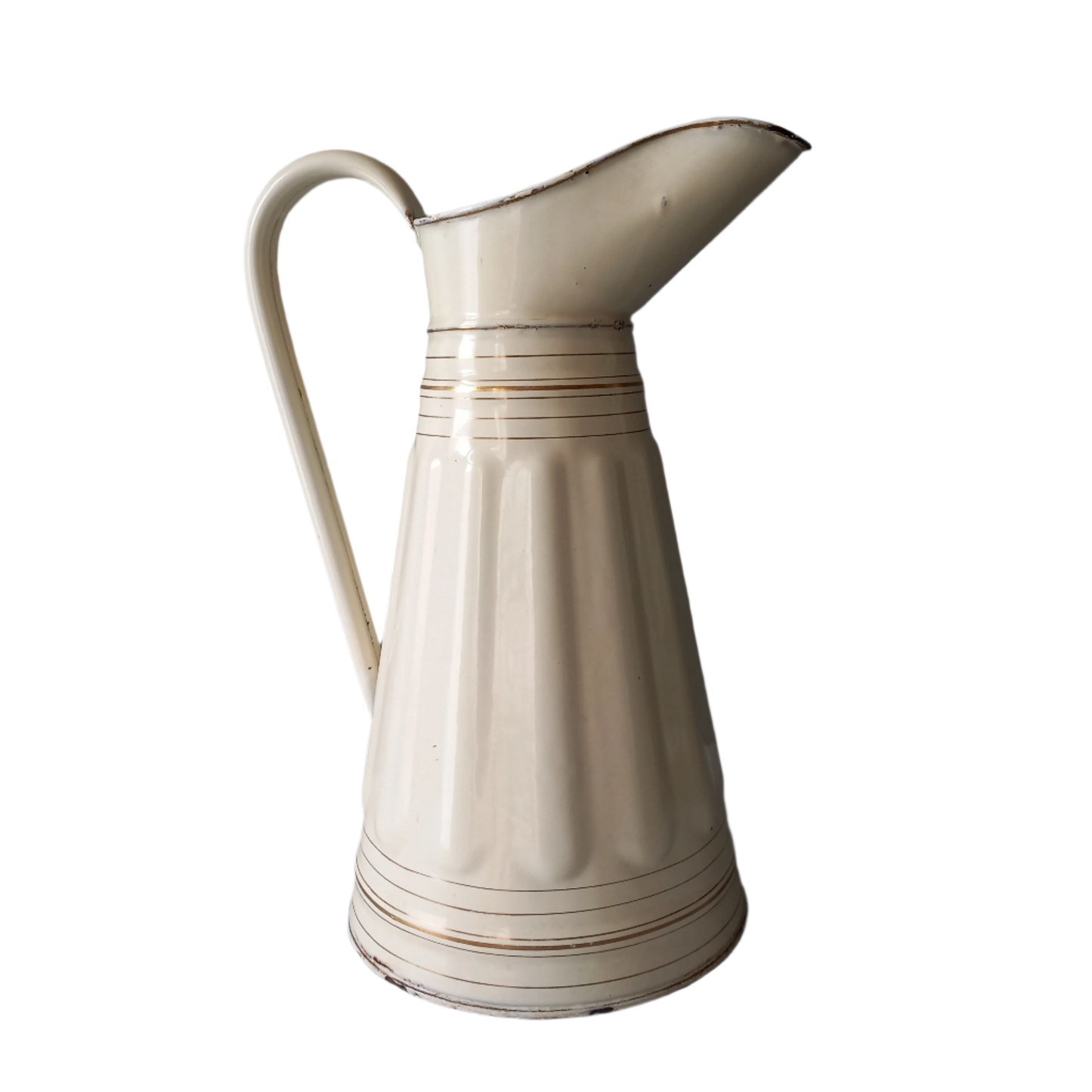 Large antique enamel metal pitcher in cream color with gold trim from France