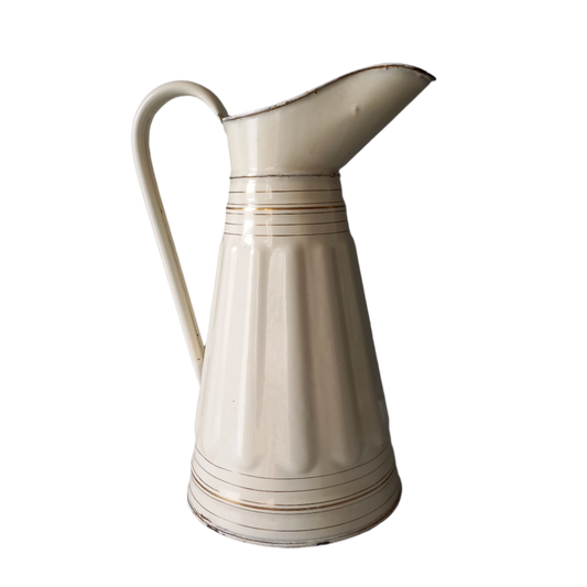Large antique enamel metal pitcher in cream color with gold trim from France