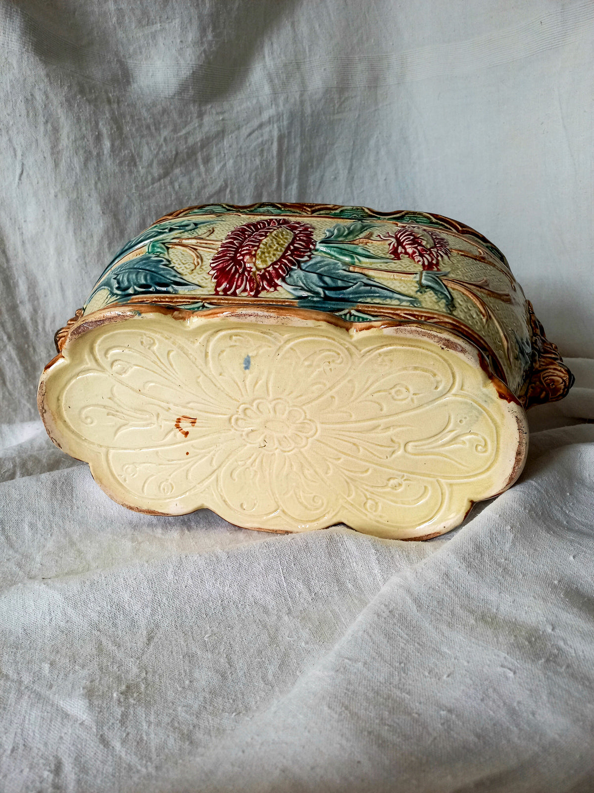 Decorative underside of a Large Antique Majolica Planter