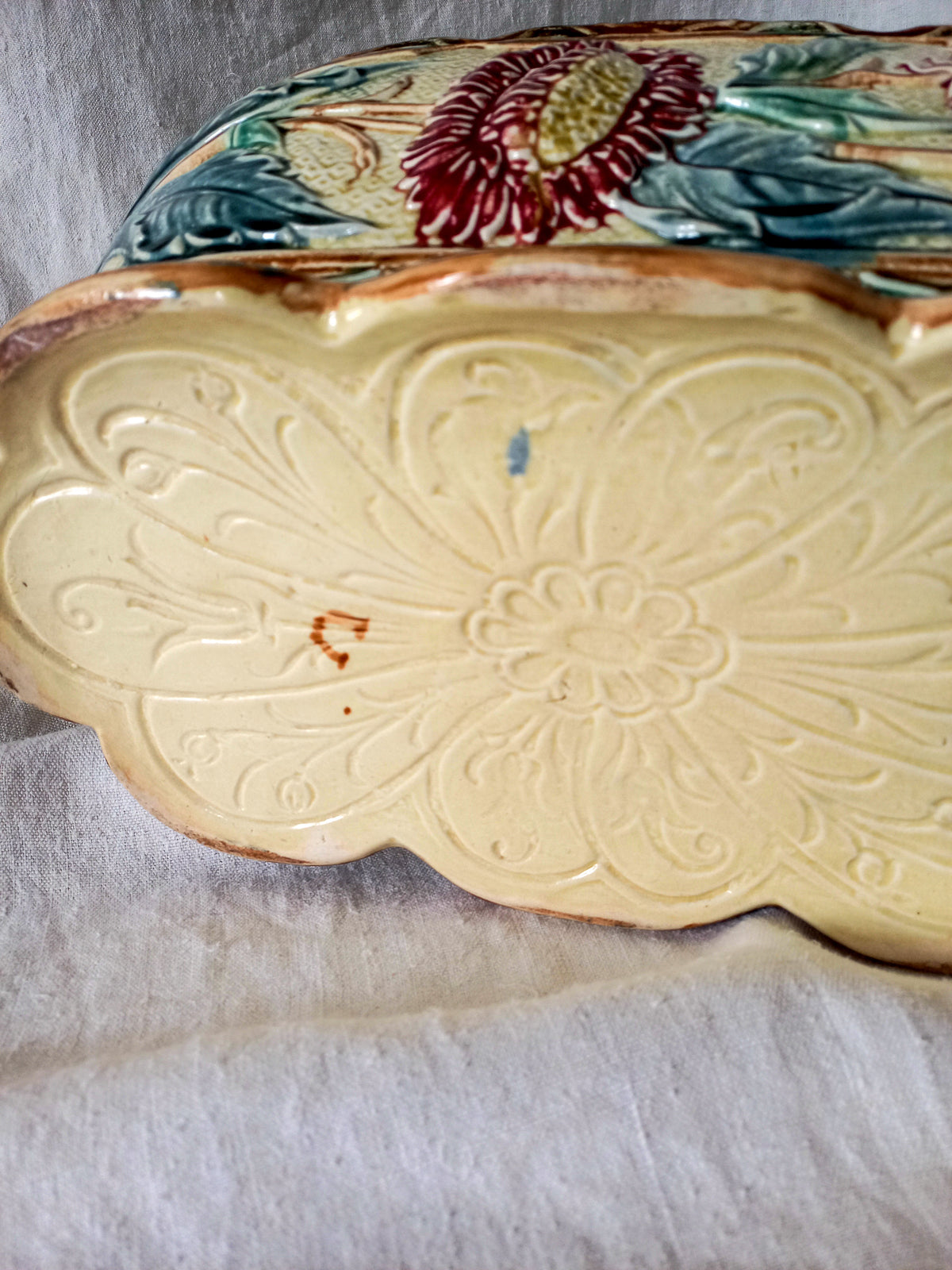 Decorative underside of a Large Antique Majolica Planter