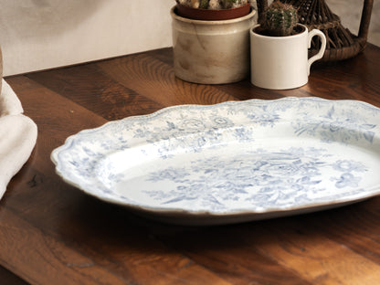 LARGE Antique White Ironstone Oval Plate with Pale Blue Asiatic Pheasants Design