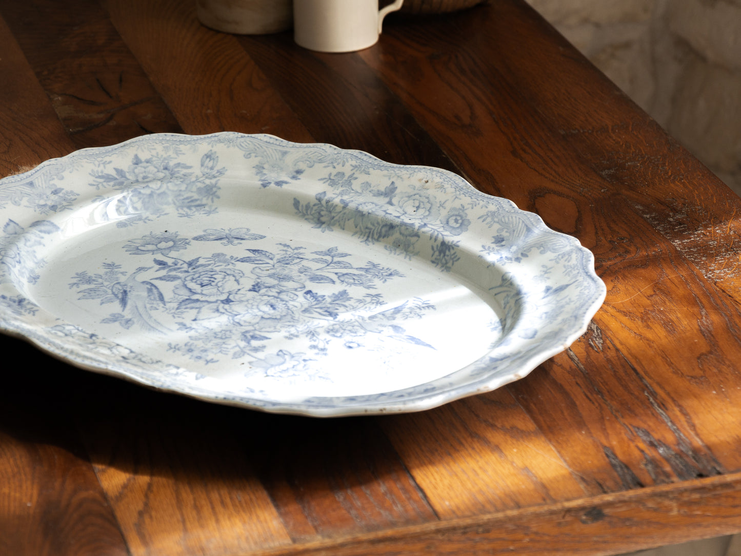 LARGE Antique White Ironstone Oval Plate with Pale Blue Asiatic Pheasants Design