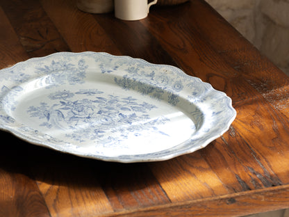 LARGE Antique White Ironstone Oval Plate with Pale Blue Asiatic Pheasants Design