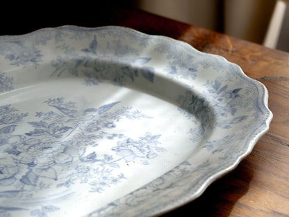 LARGE Antique White Ironstone Oval Plate with Pale Blue Asiatic Pheasants Design