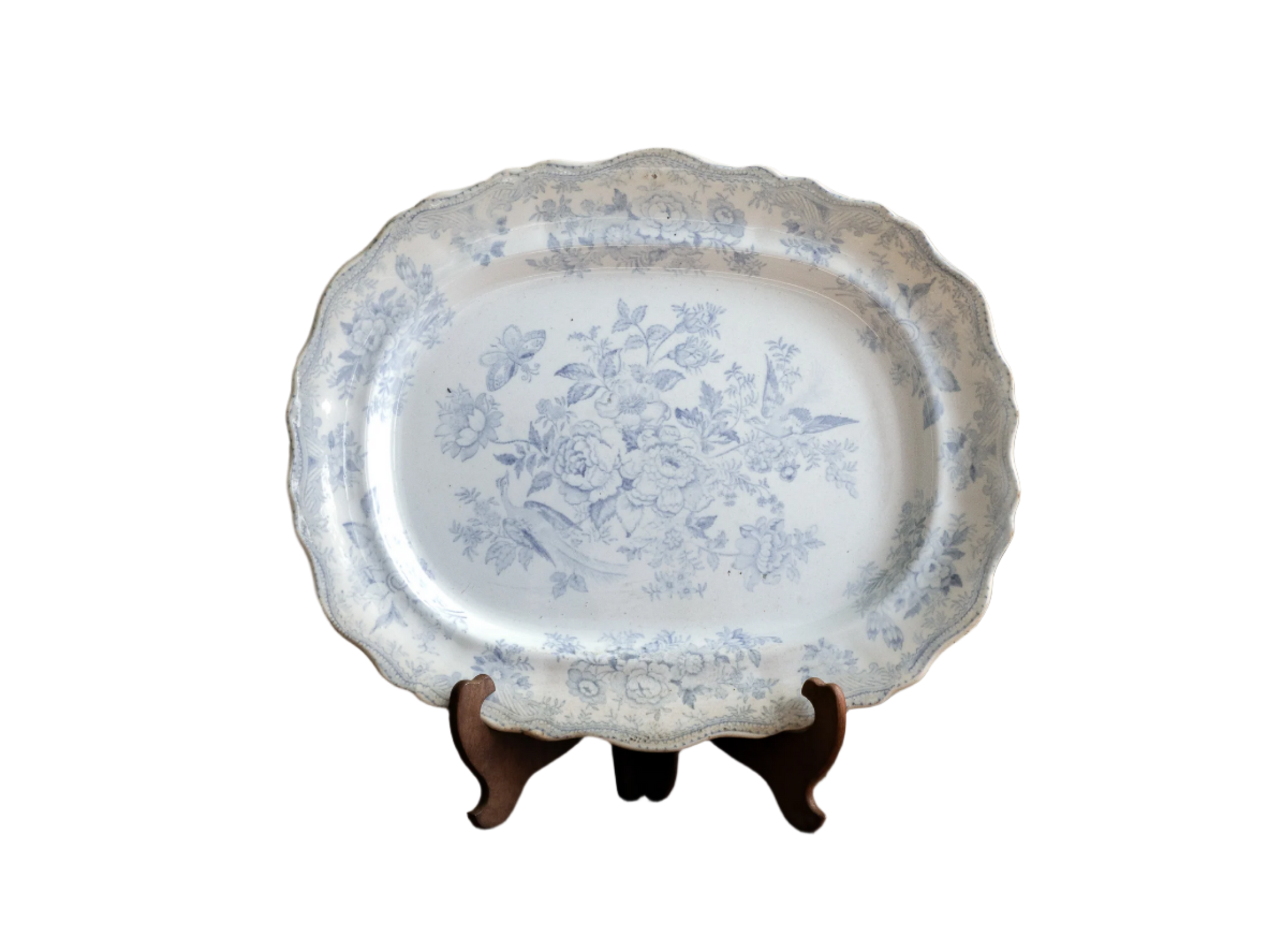 Elegant antique white ironstone platter with pale blue Asiatic Pheasants floral design. A large antique plate perfect for farmhouse kitchens, cottage decor, or blue and white china collections.