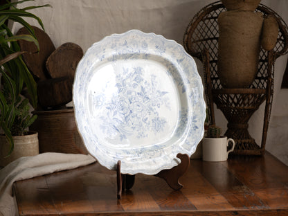 Elegant antique white ironstone platter with pale blue Asiatic Pheasants floral design. A large antique plate perfect for farmhouse kitchens, cottage decor, or blue and white china collections.