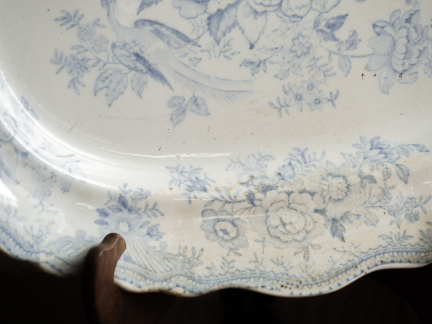 LARGE Antique White Ironstone Oval Plate with Pale Blue Asiatic Pheasants Design