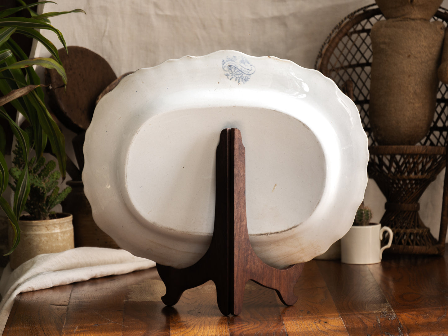 LARGE Antique White Ironstone Oval Plate with Pale Blue Asiatic Pheasants Design