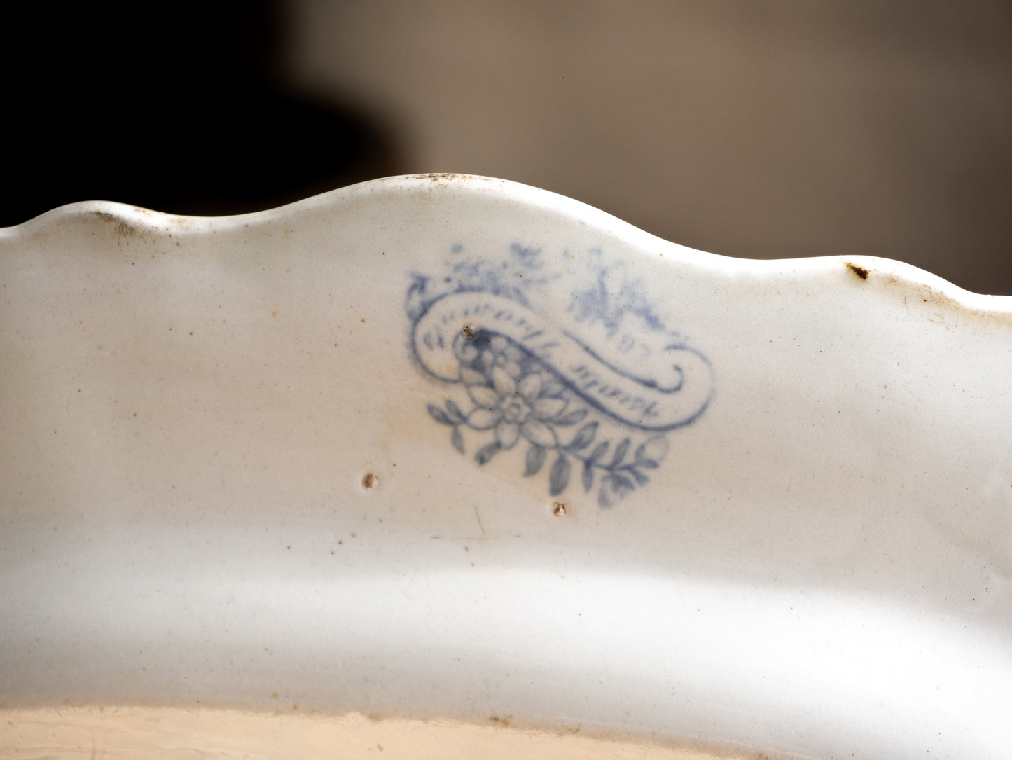 LARGE Antique White Ironstone Oval Plate with Pale Blue Asiatic Pheasants Design