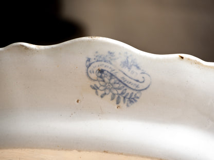 LARGE Antique White Ironstone Oval Plate with Pale Blue Asiatic Pheasants Design