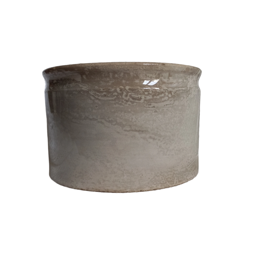 French antique ironstone crock pot or preserve pot that is tea stained and manufactured by Creil et Montereau
