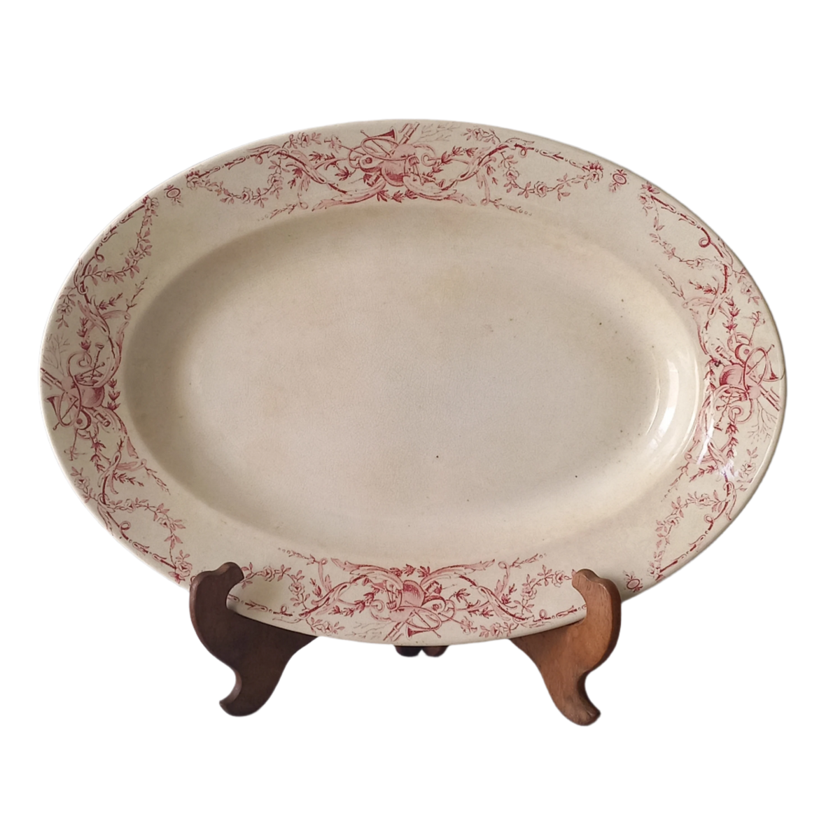 French antique creamy white ironstone oval platter with pink transferware pattern by KG Luneville