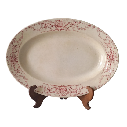 French antique creamy white ironstone oval platter with pink transferware pattern by KG Luneville