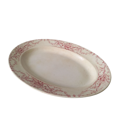 French antique creamy white ironstone oval platter with pink transferware pattern by KG Luneville