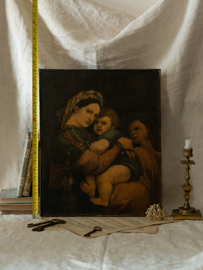 A late 19th-century/early 20th century after Raphael oil painting based on Madonna della Sedia (1513–1514, Pitti Palace, Florence). The artist (perhaps a student of the time) adapts Raphael’s tondo into a rectangular canvas, preserving the iconic green dress with patterned sleeve, the tender embrace, and the young St. John at right against a deep ground.