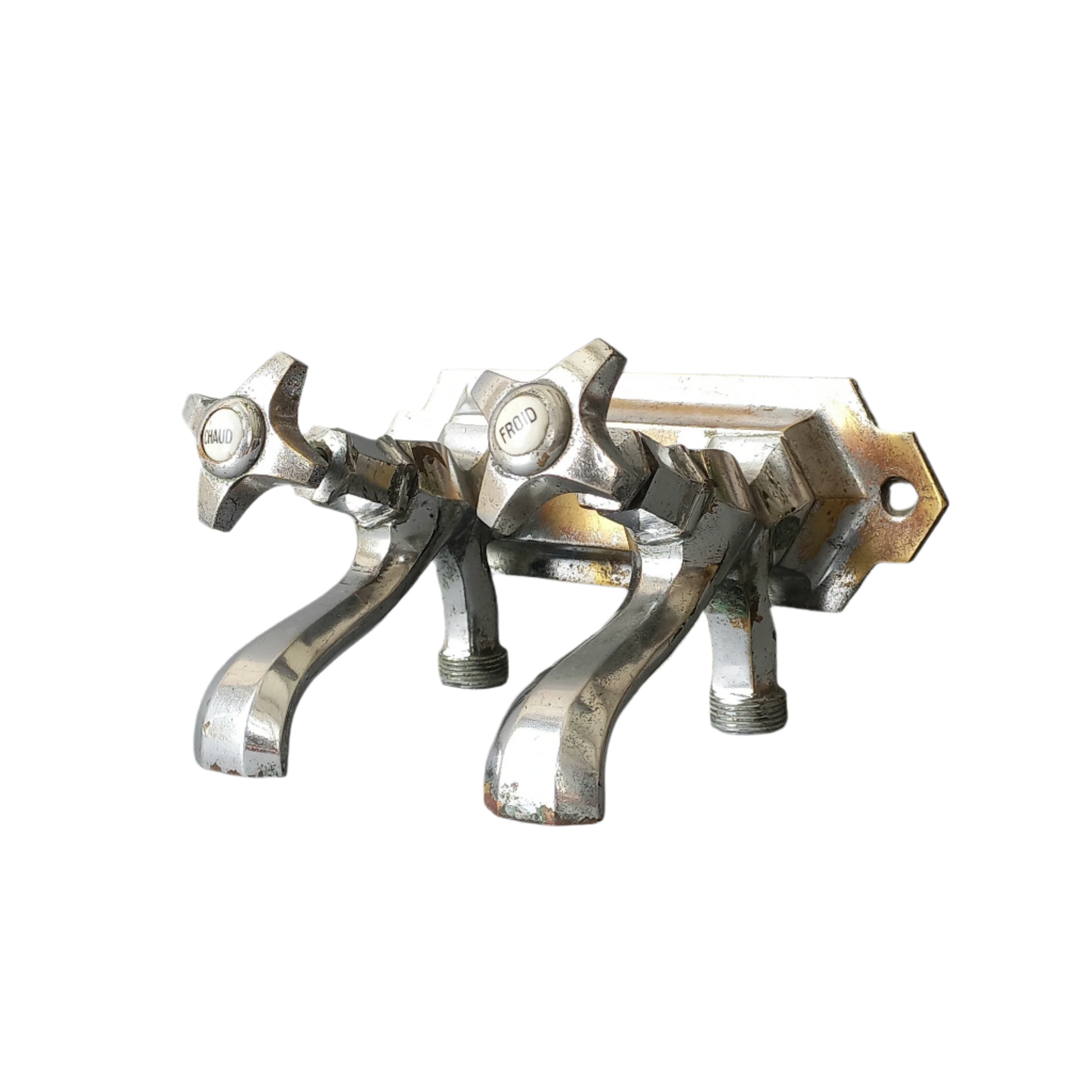 French vintage hot and cold faucet taps that are heavy, quality pieces being sold as a restoration piece or project.
