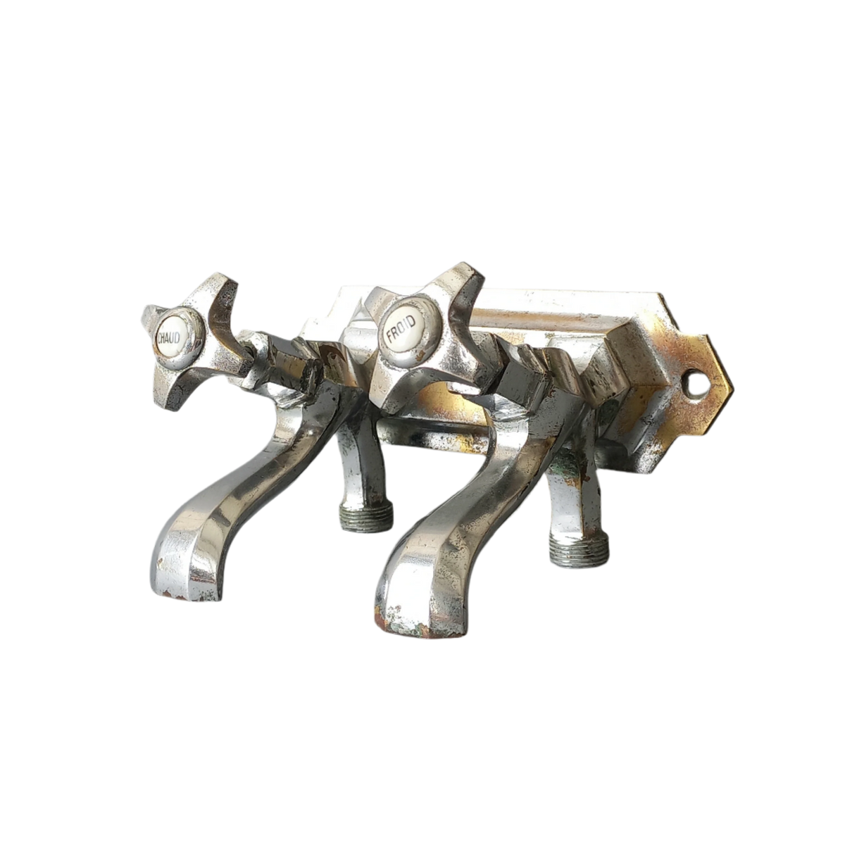 French vintage hot and cold faucet taps that are heavy, quality pieces being sold as a restoration piece or project.