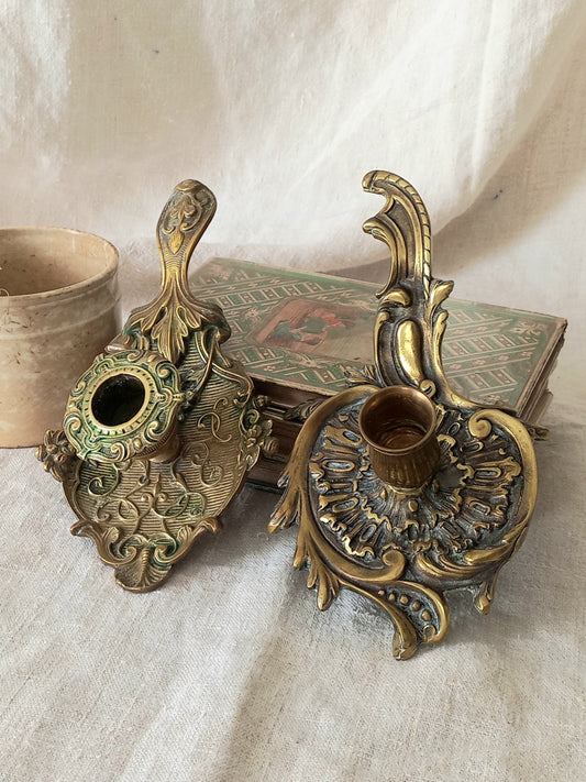 Original French art nouveau brass chamber sticks, small and decorative antique candle holders that will be a welcome addition to any interior.