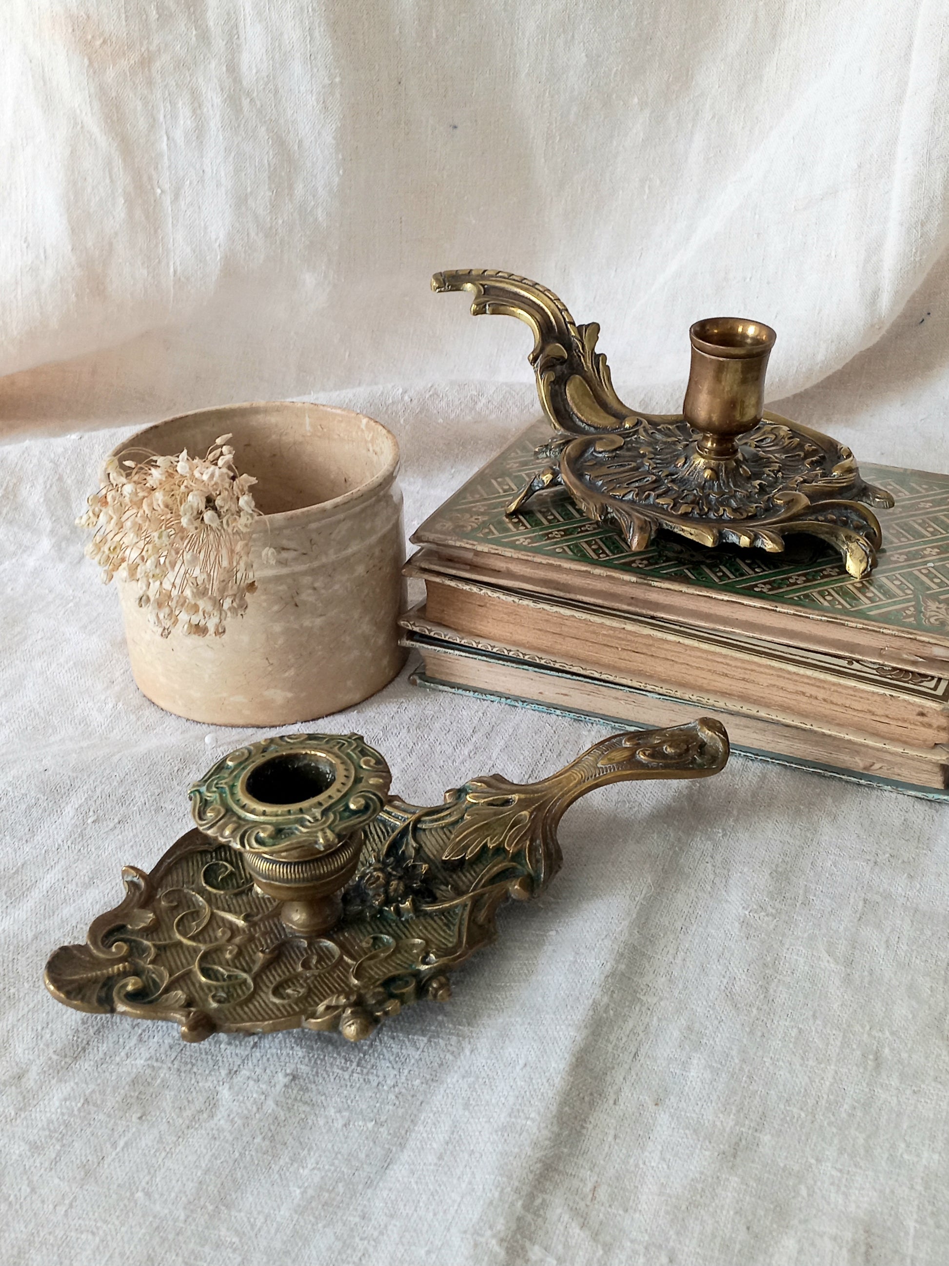 Original French art nouveau brass chamber sticks, small and decorative antique candle holders that will be a welcome addition to any interior.