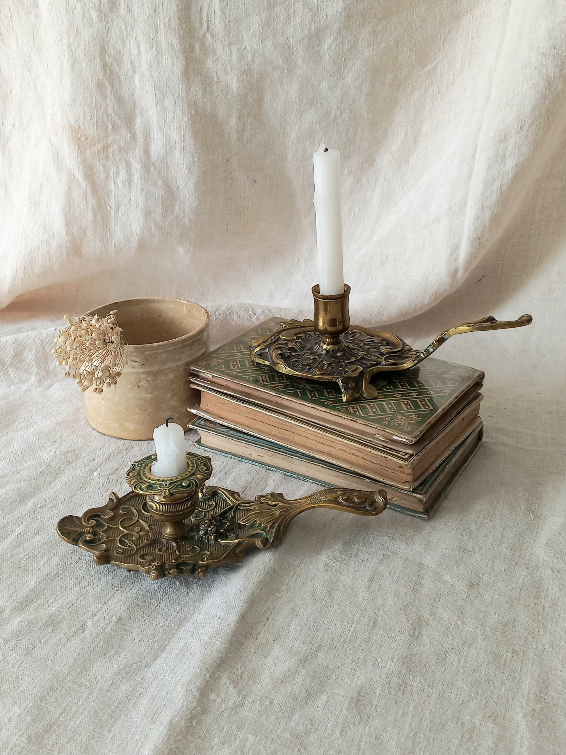 Original French art nouveau brass chamber sticks, small and decorative antique candle holders that will be a welcome addition to any interior.