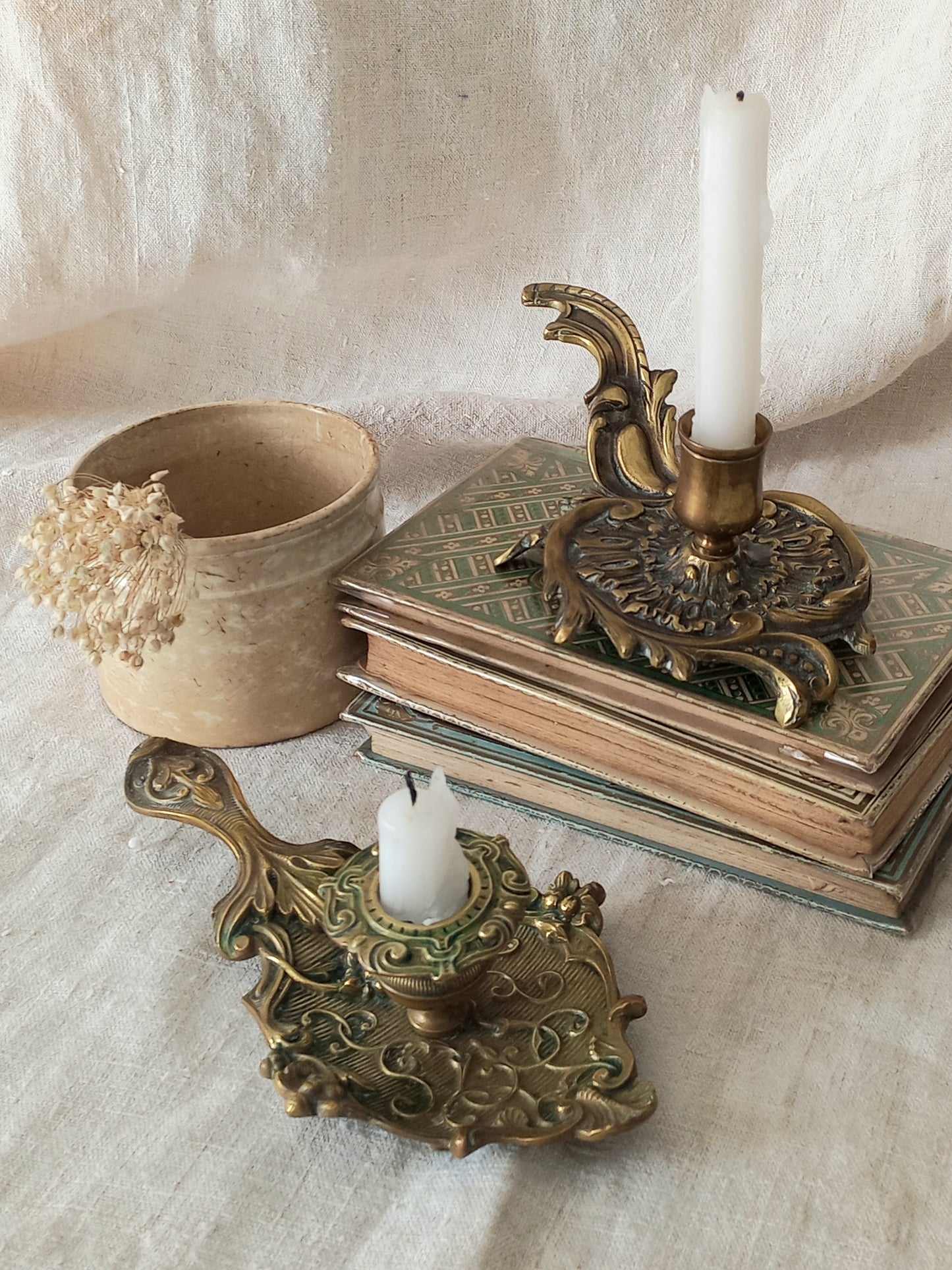 Original French art nouveau brass chamber sticks, small and decorative antique candle holders that will be a welcome addition to any interior.