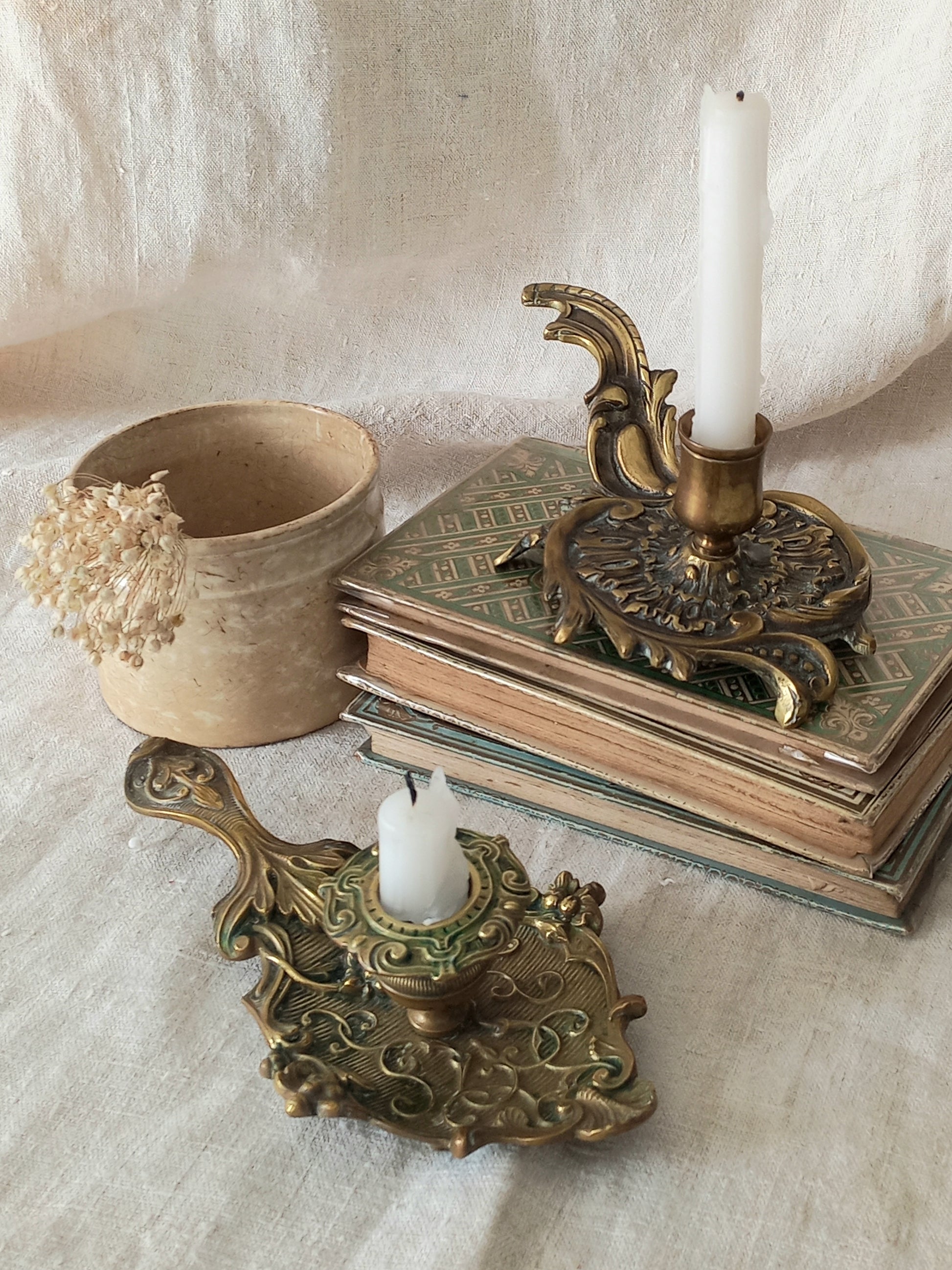 Original French art nouveau brass chamber sticks, small and decorative antique candle holders that will be a welcome addition to any interior.