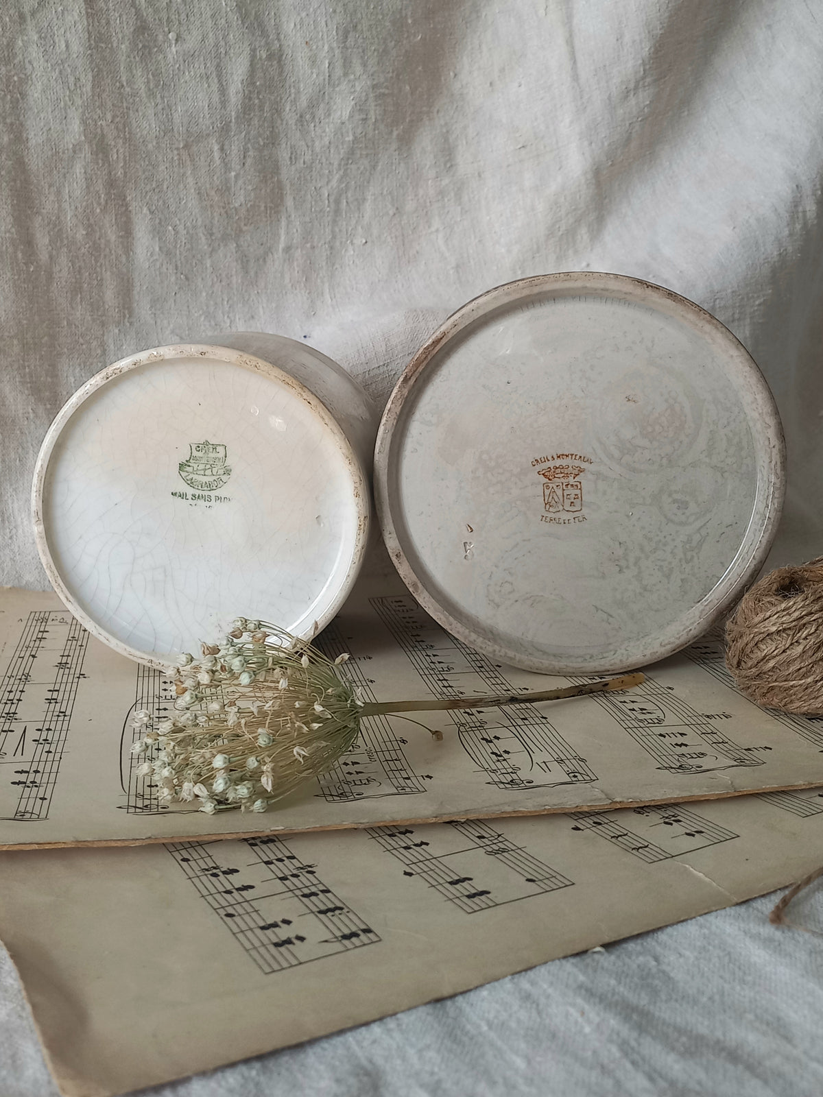 Pair of French antique tea-stained and crazed ironstone jam pots or preserve pots. 