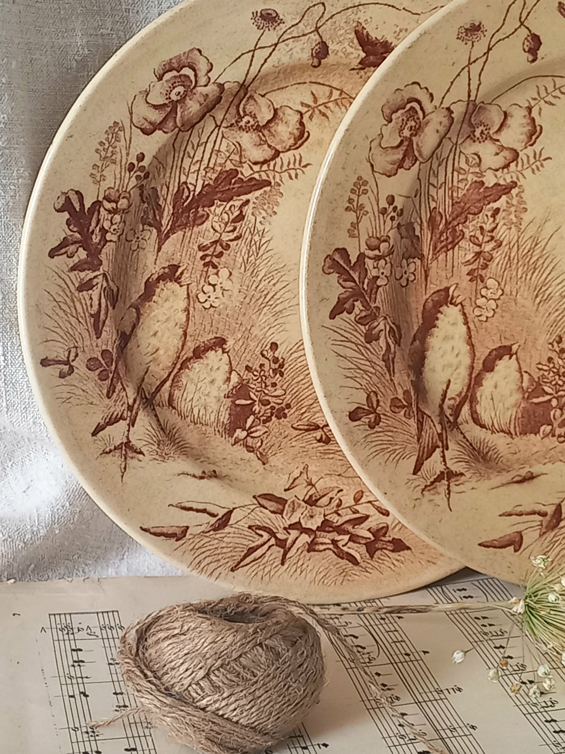 Two decorative antique plates with intricate designs on a white fabric background.