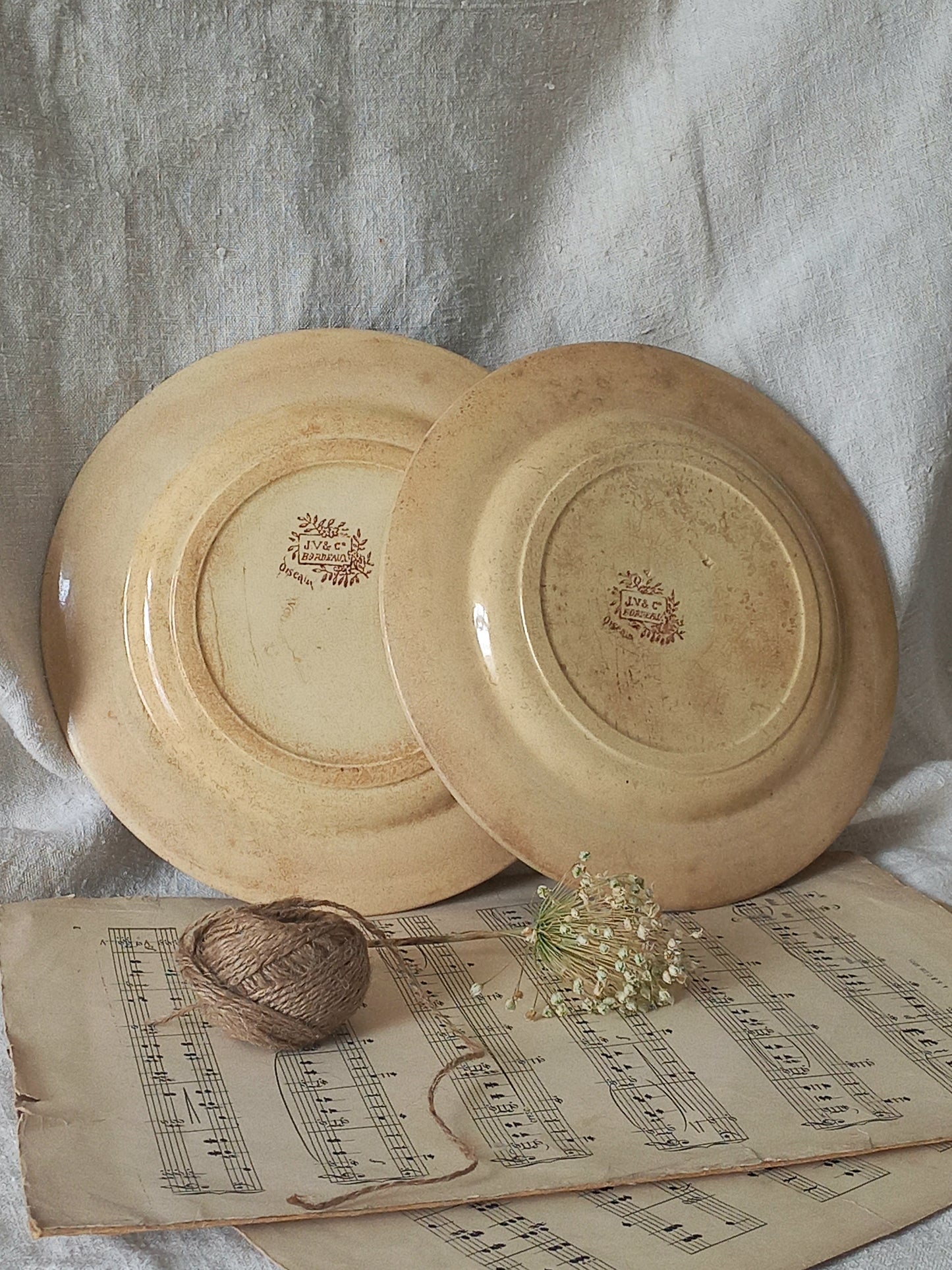 Two ceramic plates on a sheet of music with twine and flowers.