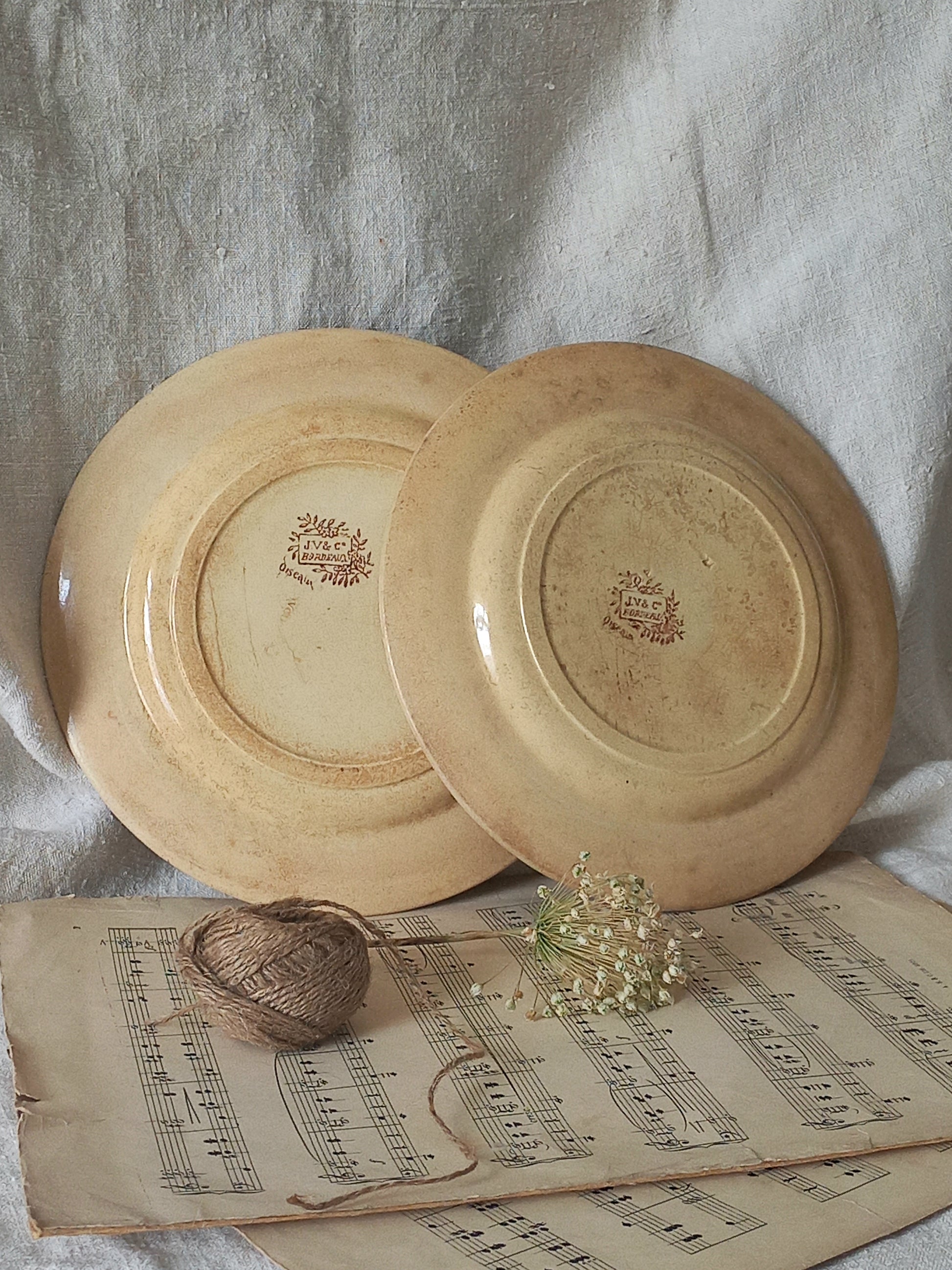 Two ceramic plates on a sheet of music with twine and flowers.