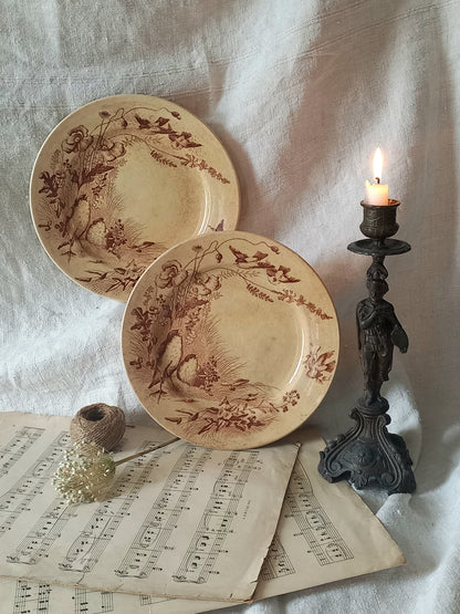 Two decorative plates with floral patterns on a white fabric background with a candle and sheet music.