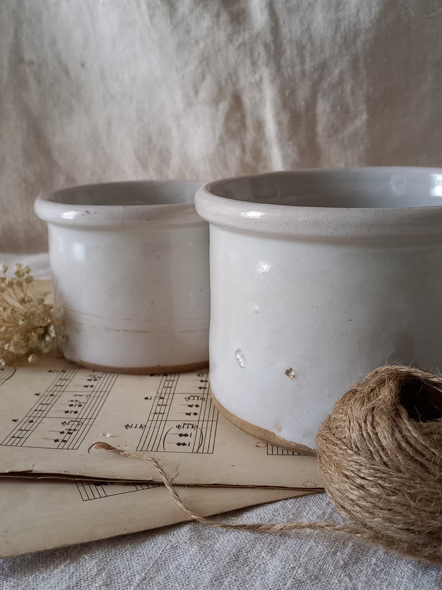 French Antique White Glazed Pottery Jam Pots