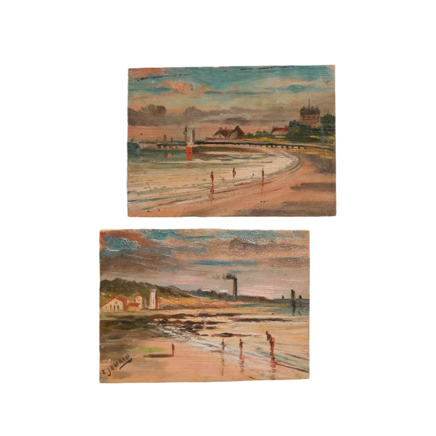 A beautiful pair of small coastal beach paintings on little wooden boards. Each original painting is wonderfully rendered with delightful and moody colours. The artist has signed one painting.

These original pieces of art look great displayed against a wall or on a mantelpiece, etc, and would also look equally nice on miniature easels as seen in two of our photos, or framed and on the wall - many possibilities!
