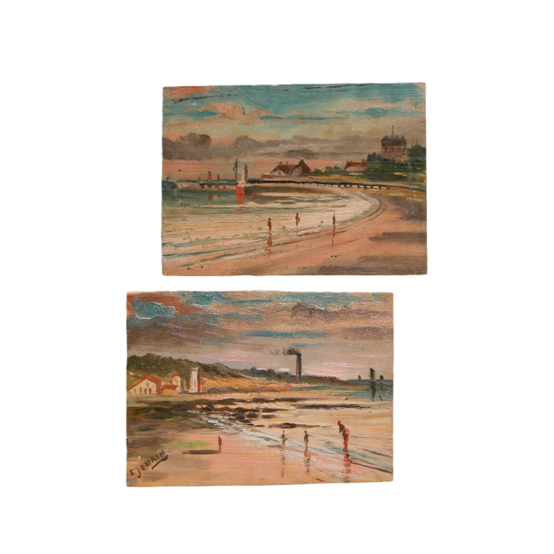 A beautiful pair of small coastal beach paintings on little wooden boards. Each original painting is wonderfully rendered with delightful and moody colours. The artist has signed one painting.

These original pieces of art look great displayed against a wall or on a mantelpiece, etc, and would also look equally nice on miniature easels as seen in two of our photos, or framed and on the wall - many possibilities!