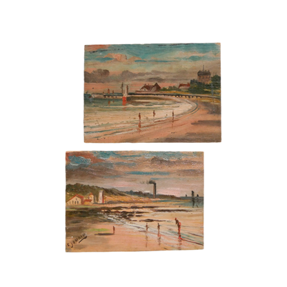 A beautiful pair of small coastal beach paintings on little wooden boards. Each original painting is wonderfully rendered with delightful and moody colours. The artist has signed one painting.

These original pieces of art look great displayed against a wall or on a mantelpiece, etc, and would also look equally nice on miniature easels as seen in two of our photos, or framed and on the wall - many possibilities!