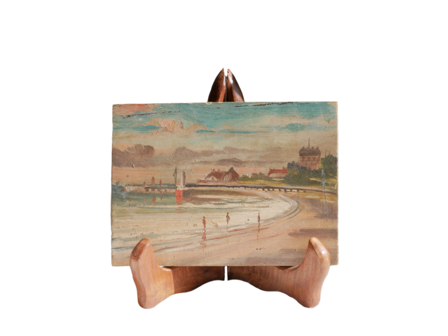A beautiful pair of small coastal beach paintings on little wooden boards. Each original painting is wonderfully rendered with delightful and moody colours. The artist has signed one painting.

These original pieces of art look great displayed against a wall or on a mantelpiece, etc, and would also look equally nice on miniature easels as seen in two of our photos, or framed and on the wall - many possibilities!
