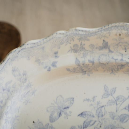 Elegant antique white ironstone platter with pale blue Asiatic Pheasants floral design. A large antique plate perfect for farmhouse kitchens, cottage decor, or blue and white china collections.