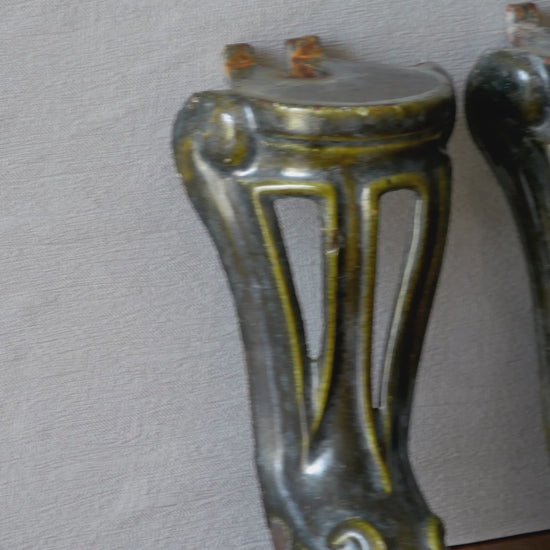 A set of 4 French vintage/antique cast iron bath feet / furniture feet with green enamel finishes, beautifully detailed and decorative pieces perfect for finishing a furniture project.