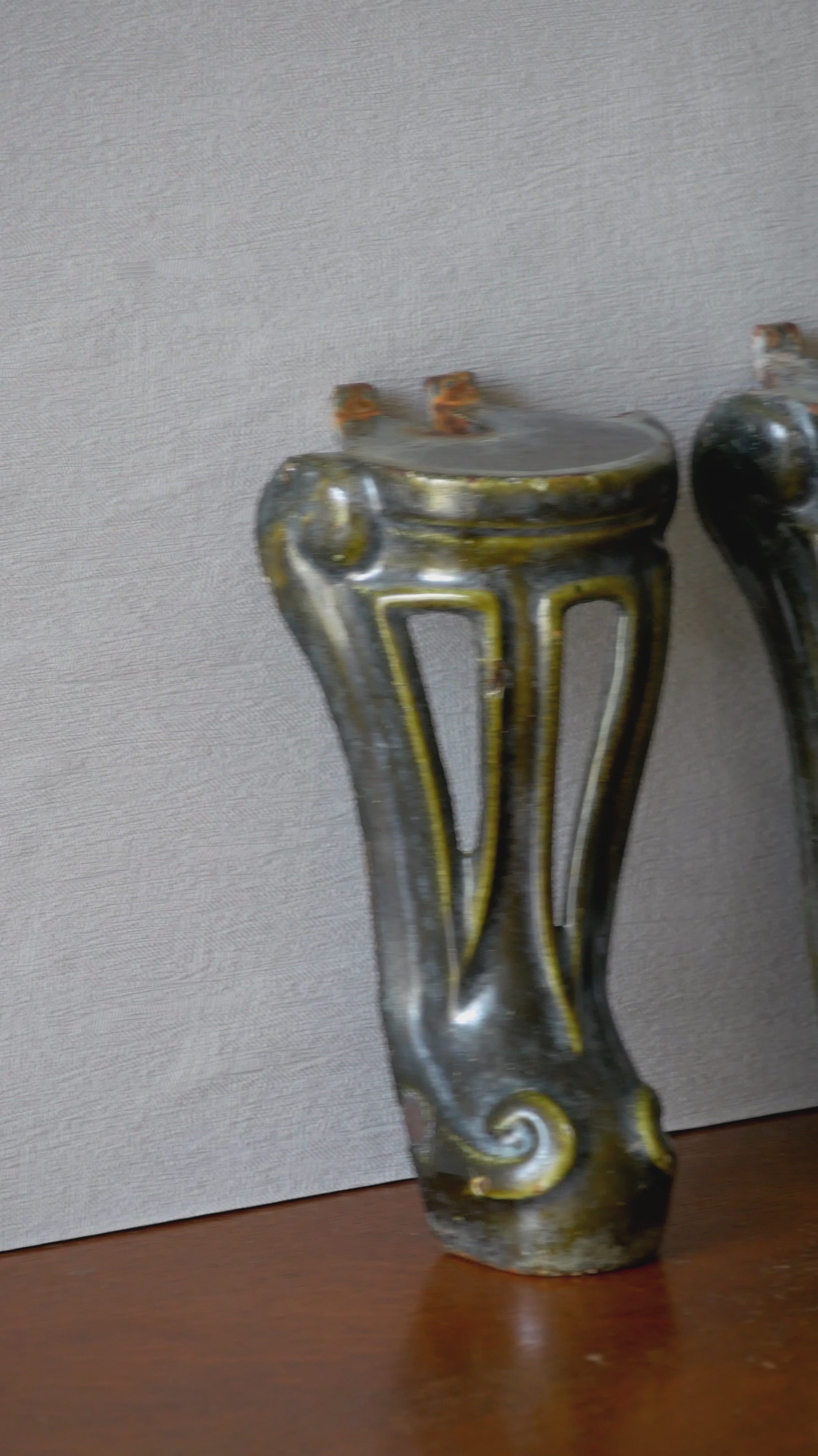 A set of 4 French vintage/antique cast iron bath feet / furniture feet with green enamel finishes, beautifully detailed and decorative pieces perfect for finishing a furniture project.