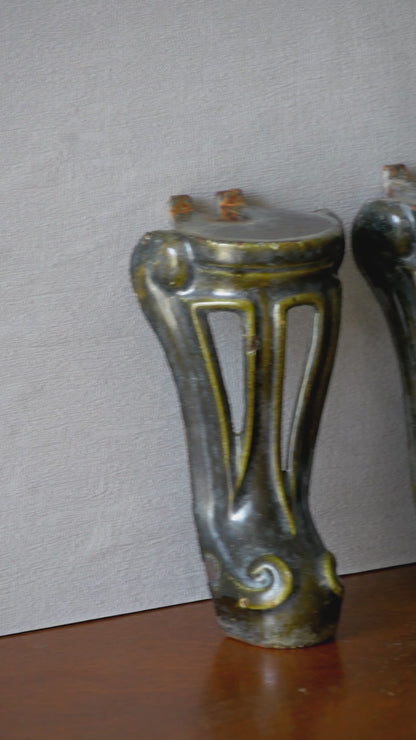 A set of 4 French vintage/antique cast iron bath feet / furniture feet with green enamel finishes, beautifully detailed and decorative pieces perfect for finishing a furniture project.