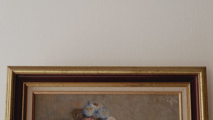 Large Vintage Floral Still Life Oil Painting On Canvas Framed