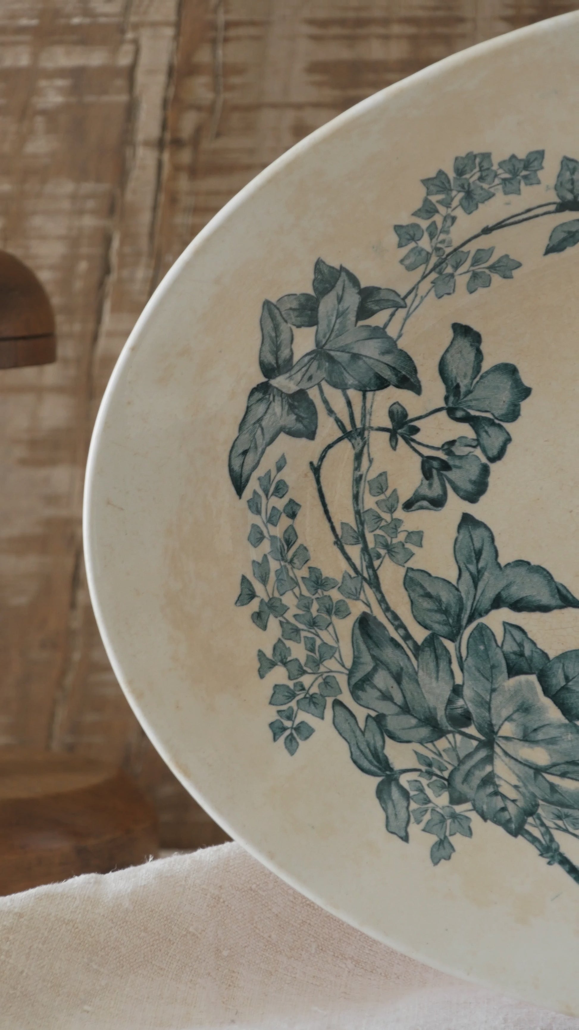 An absolutely stunning large French antique oval ironstone serving plate in a delightful time-worn creamy white with blue transferware pattern depicting two cute birds and flowers. 