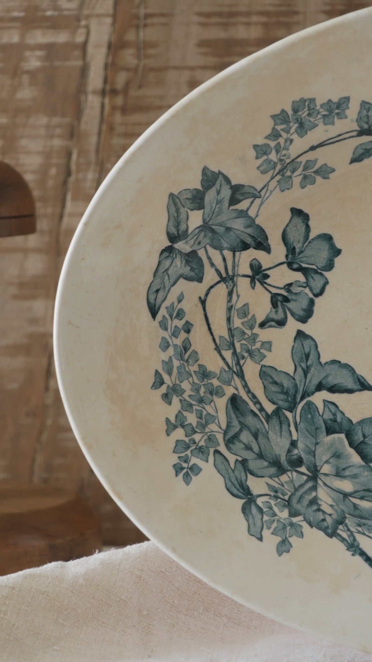 An absolutely stunning large French antique oval ironstone serving plate in a delightful time-worn creamy white with blue transferware pattern depicting two cute birds and flowers. 