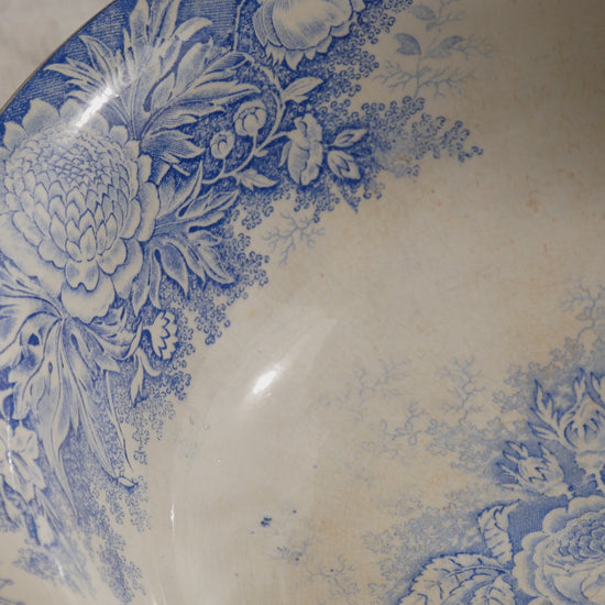 A large and beautiful antique white ironstone bowl or wash basin with blue floral pattern by premier French manufacturer, Sarreguemines.
This piece is circa. 1875 - 1900 so well over 100 years old! 
A stunning piece of original antique ironstone from France that will make excellent home decor.