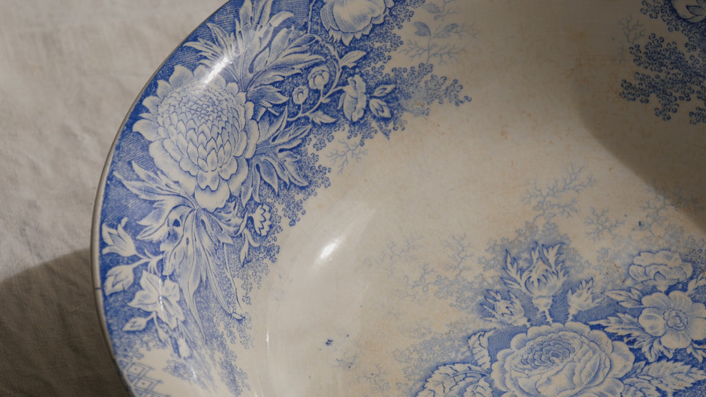 A large and beautiful antique white ironstone bowl or wash basin with blue floral pattern by premier French manufacturer, Sarreguemines.
This piece is circa. 1875 - 1900 so well over 100 years old! 
A stunning piece of original antique ironstone from France that will make excellent home decor.