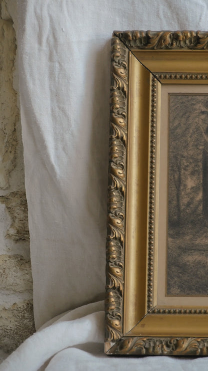 Antique Charcoal Landscape In Gold Frame, Trees and River