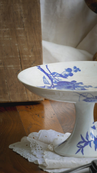 French Antique White Ironstone Compote Footed Dish with Blue Dragonfly & Floral Pattern