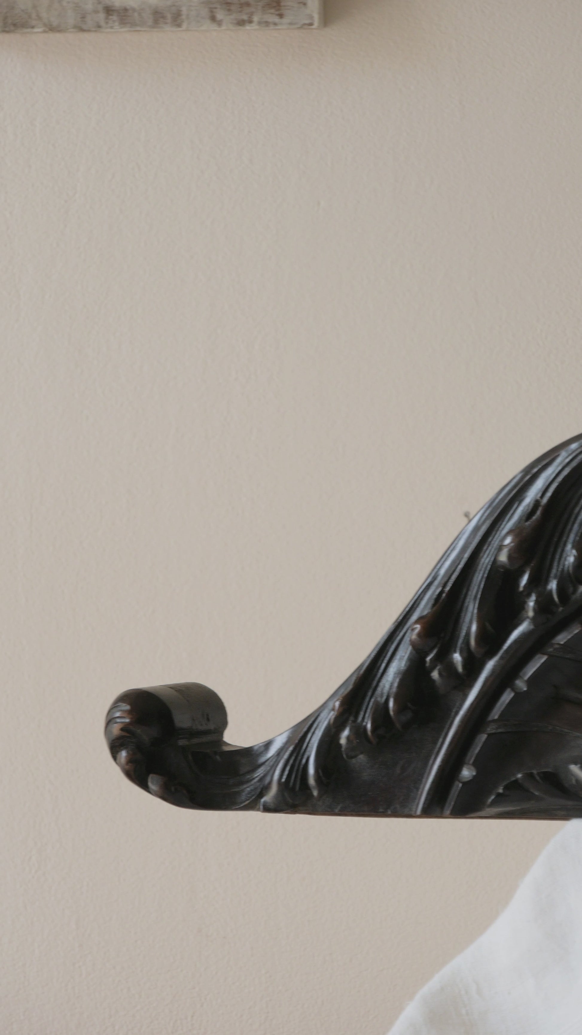 A stunning French antique carved dark wooden furniture pediment highly decorative and expertly crafted by a carpenter - this is a very heavy, quality piece and will look fabulous in any interior.