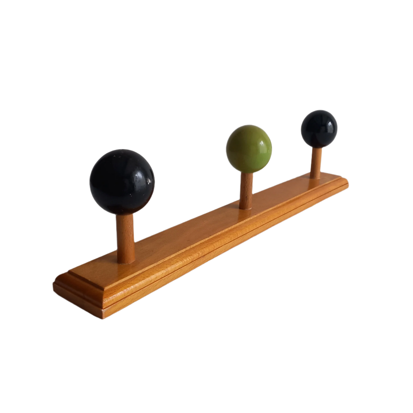 Vintage wooden coat rack with green and black pegs from France, retro wall mounted coat hanger