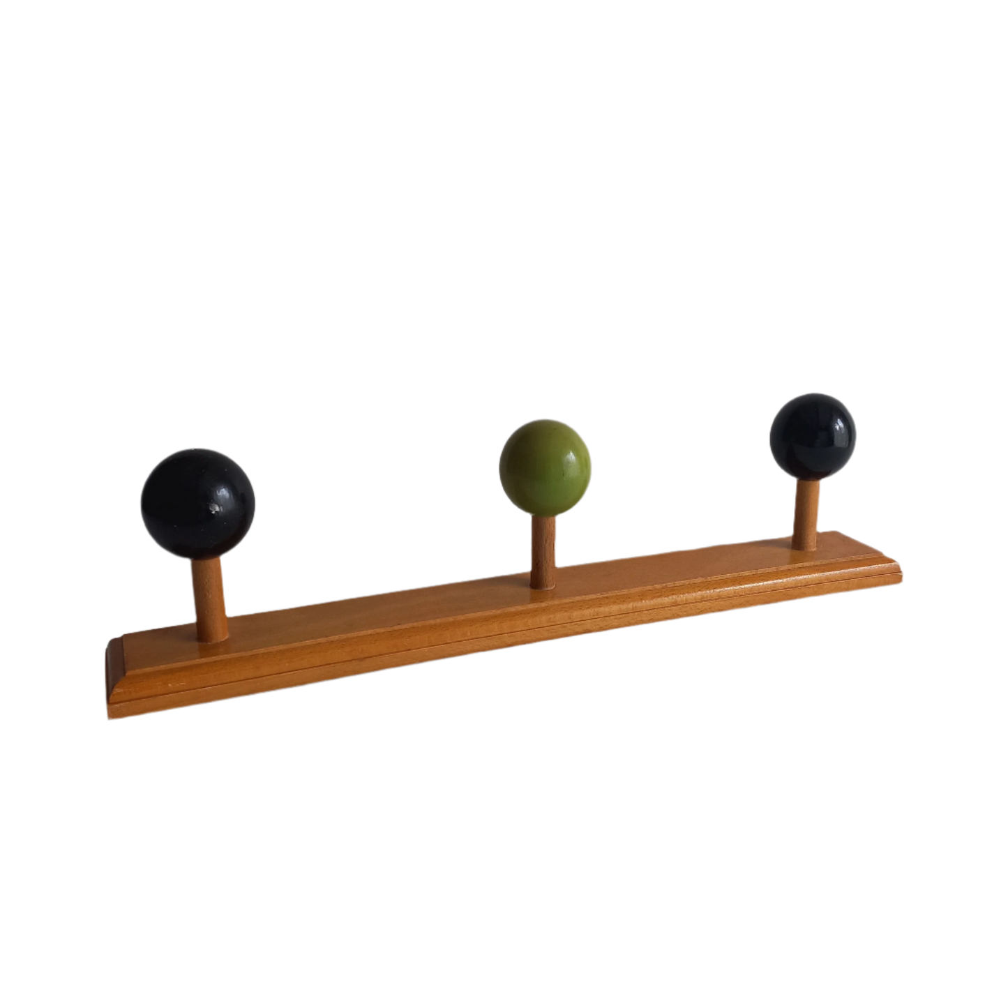 Vintage wooden coat rack with green and black pegs from France, retro wall mounted coat hanger
